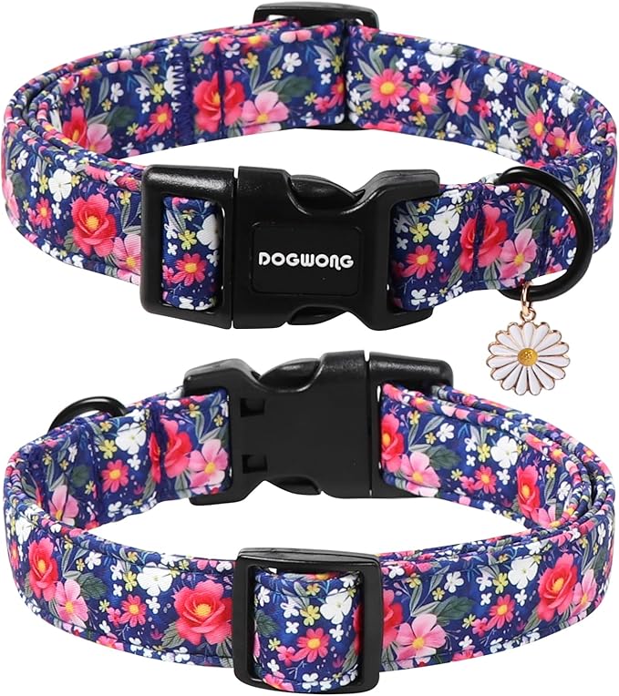 DOGWONG Blue Flower Dog Collar, Cute Adjustable Floral Collar, Girl Female Dog Collar with Strong Plastic Buckle for Small Medium Large Dogs,L