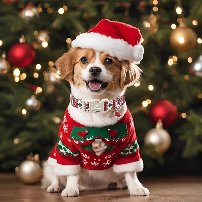 Babole Pet Christmas Dog Collar for Small Dogs - Cute Fair Isle Style Christmas Collars for Dogs, Soft Adjustable Winter Holiday Dog Collars with Quick Release Buckle S