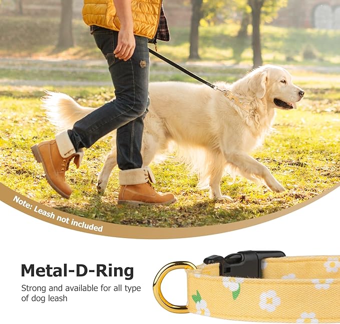 Cotton Handmade Dog Collar Cute and Distinctive Patterns Yellow Flower with Pendant for Girl Boy Dogs Collars L