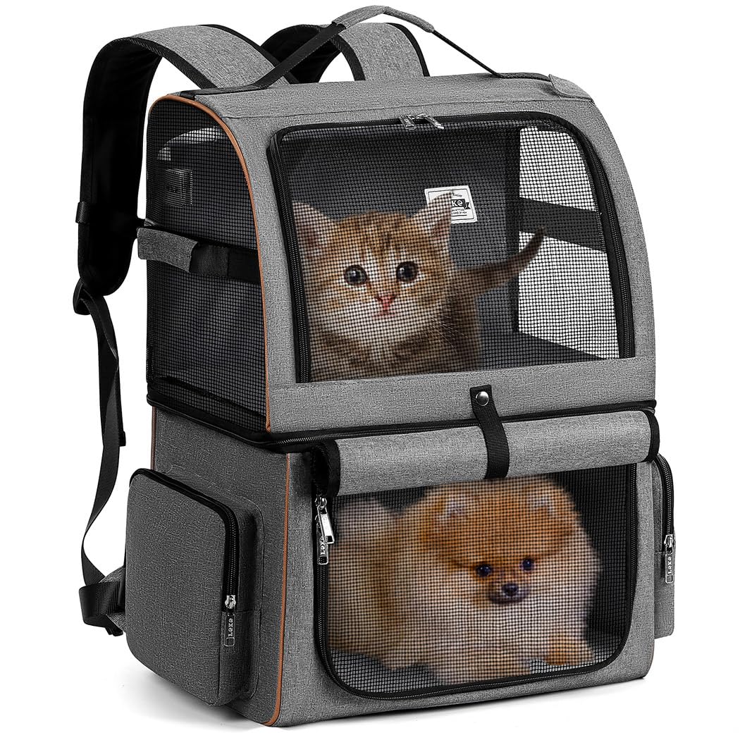 Lekebobor Double Cat Backpack Carrier for 2 Cats, Double-Compartment Pet Carrier Backpack for Two Small Cat or One Medium Cat, Cats Carrier Backpack Dog Carrier Backpack Fits Up to 24 Lbs,Grey