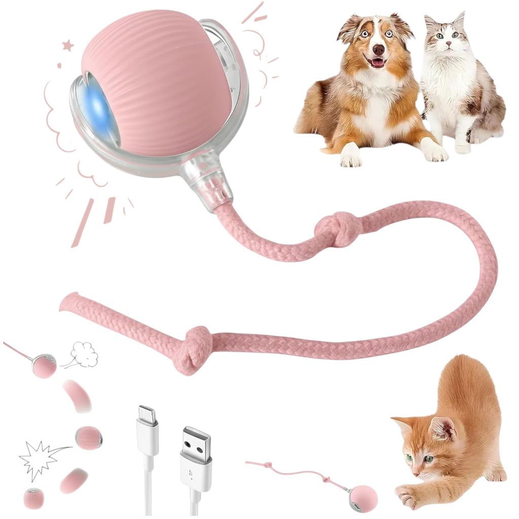 Interactive Electric Automatic Rolling Moving Rechargeable Self Play Stimulation Toy,Smart Pet Chase with Speedy Tail Rope for Bored Indoor Cats (Pink)