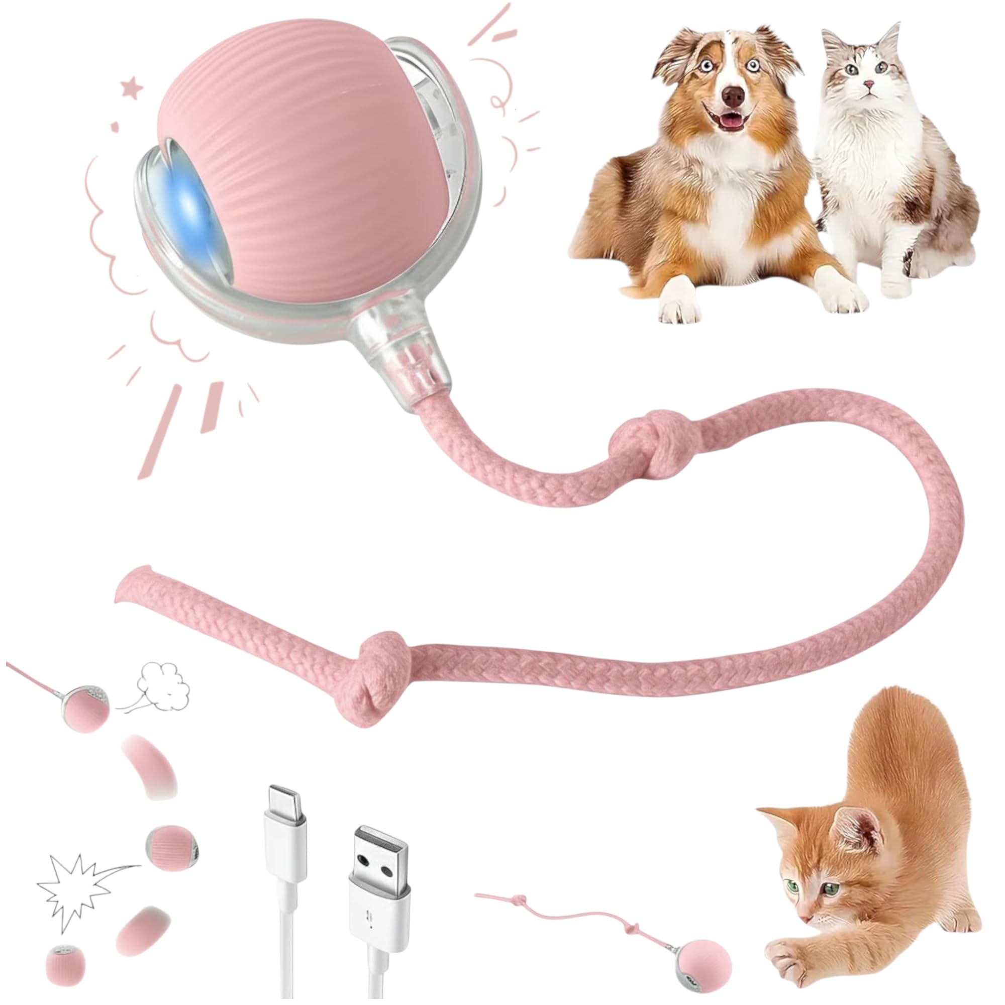 Interactive Electric Automatic Rolling Moving Rechargeable Self Play Stimulation Toy,Smart Pet Chase with Speedy Tail Rope for Bored Indoor Cats (Pink)