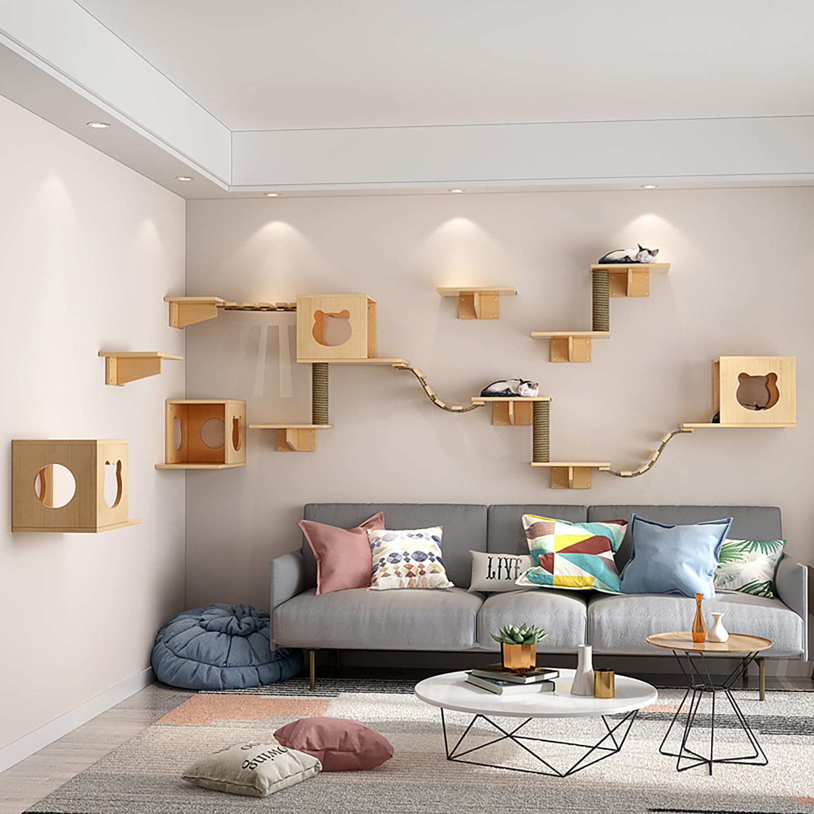 Cat Wall Shelves and Furniture Set with Condos, Perches, Bridge Ladders, Sisal Scratching Posts - Steps and Houses for Cats (B)