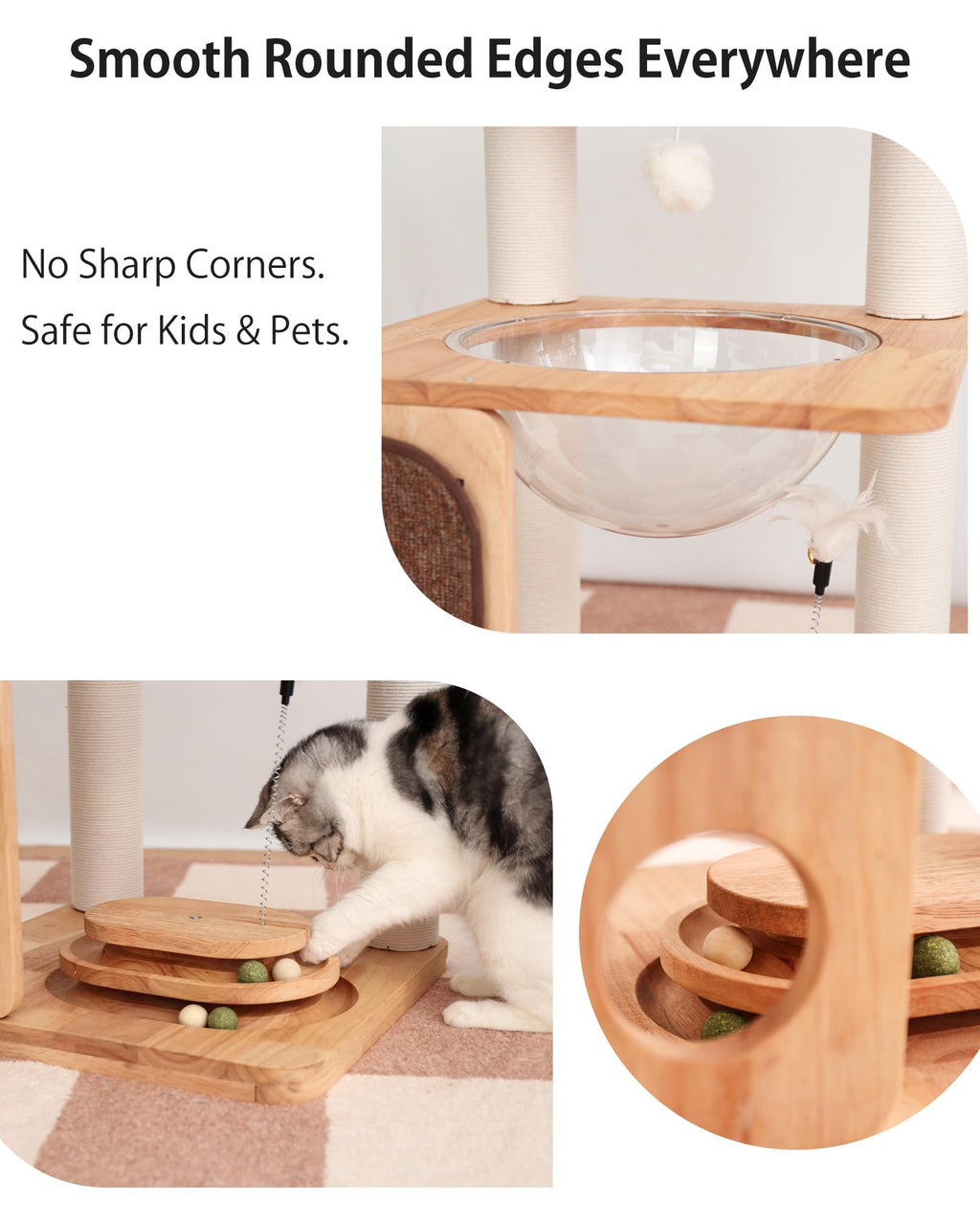 PETTIFUL Wood Cat Tree for Large Cats, Modern Cat Tree Tower with Wide Shelves Cotton Scratching Posts, Super Sturdy Base, Cozy Perches, and Interactive Toys for Indoor Kittens 31-Inch