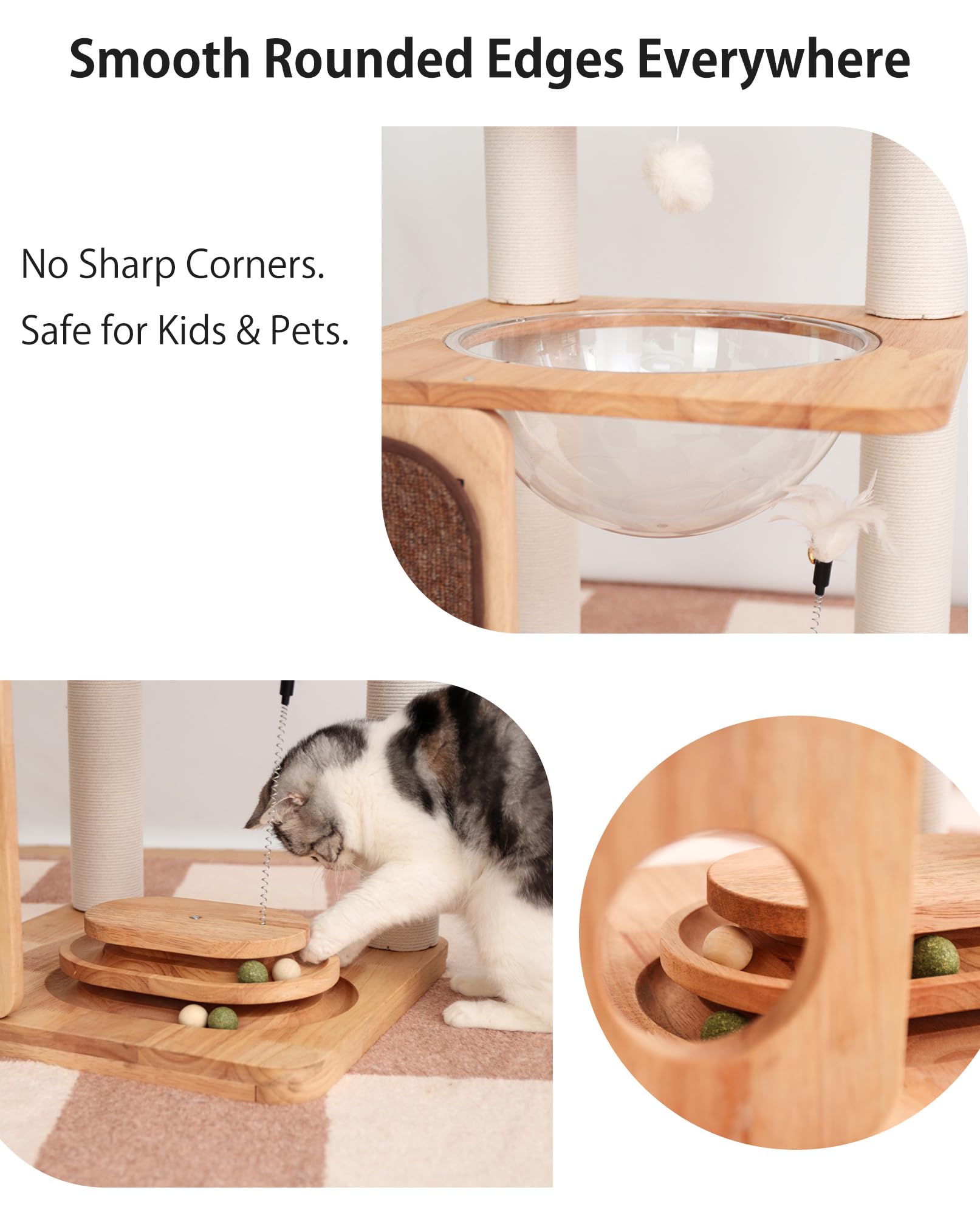PETTIFUL Wood Cat Tree for Large Cats, Modern Cat Tree Tower with Wide Shelves Cotton Scratching Posts, Super Sturdy Base, Cozy Perches, and Interactive Toys for Indoor Kittens 31-Inch