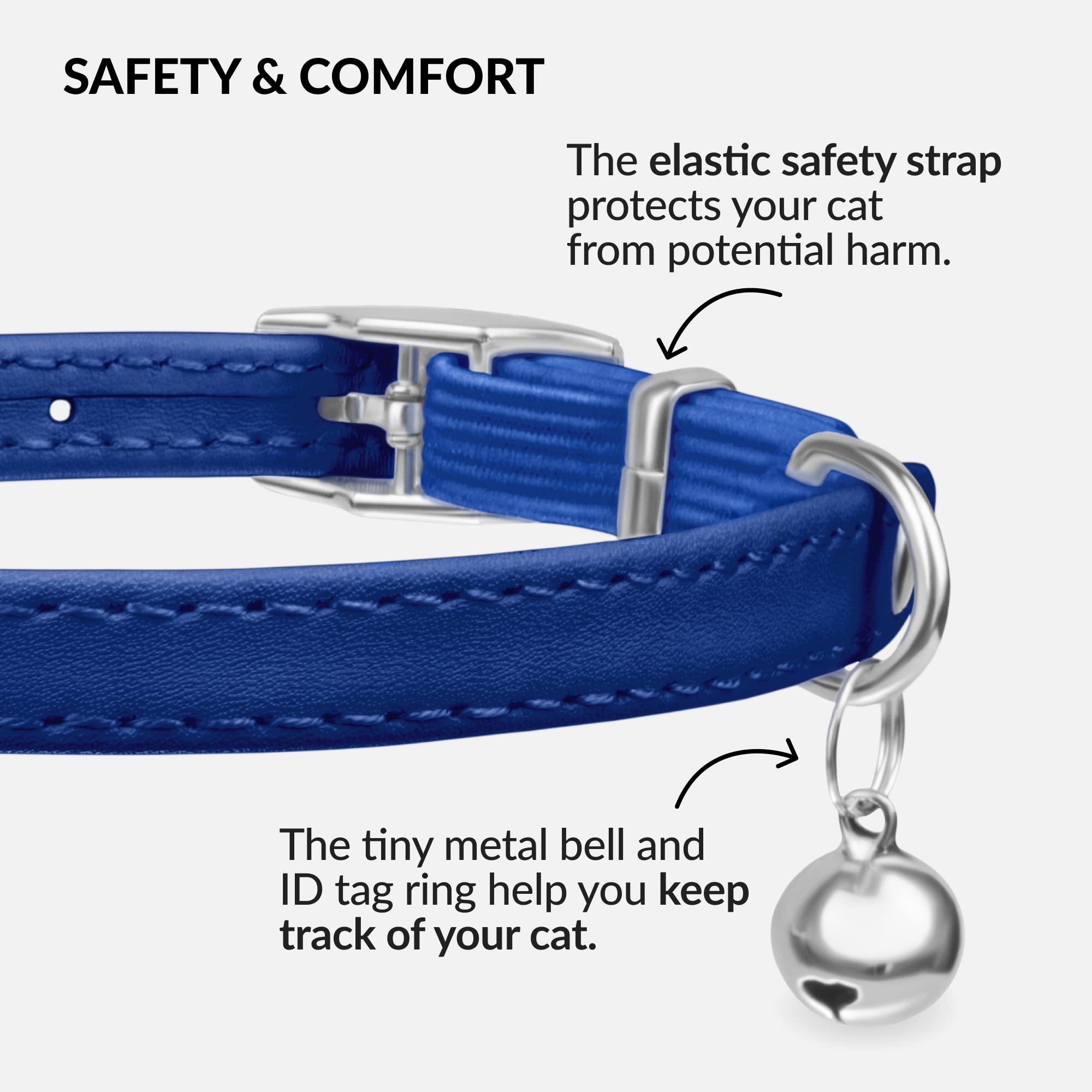 Soft Leather Cat Collar with Safety Elastic Strap - Navy Blue