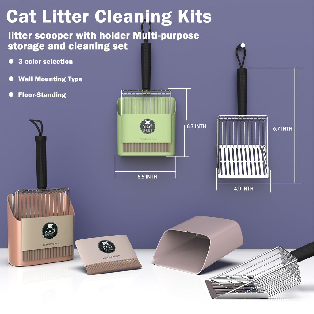 Cat Litter Scooper with Holder, Metal Litter Scoop Includes Portable Small Broom and Dustpan Set, Heavy Duty Stainless Steel Litter Scoop with Coarse and Fine Grid, Quick Sift and Easy Clean