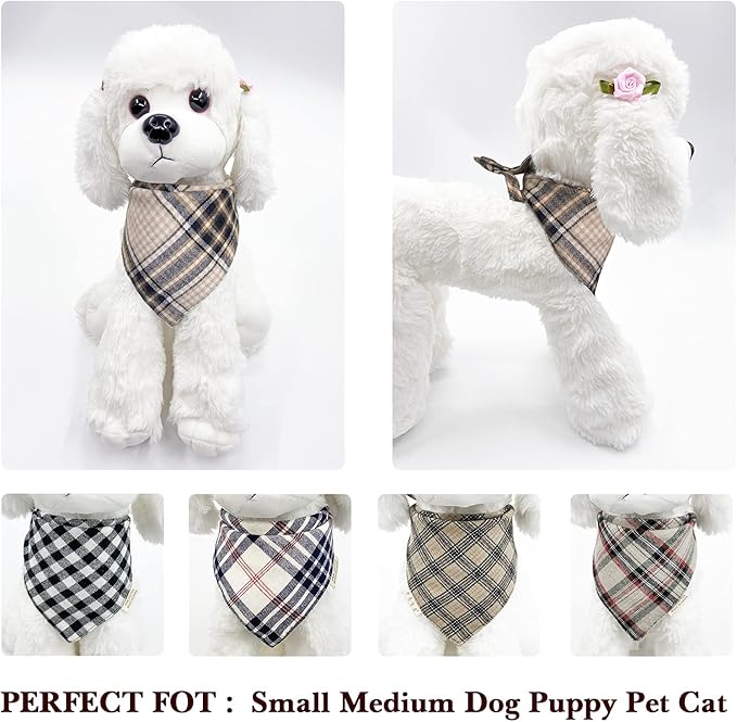 5PCS Dog Bandanas with Button - Thick Triangle Bibs Dual Layer Soft Cotton Scarves for Small Medium Boy Girl Puppy Cat Pet Baby Square Plaid Printing Washable Kerchief Halloween Costumes Outfits