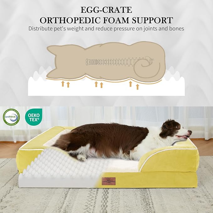 Comfort Expression Orthopedic Dog Bed for Extra Large Dogs 45x35 Inch, Waterproof Egg Crate Foam XL Pet Bed with Removable Bolsters, Dog Couch with Washable Cover & Non-Slip Bottom, Spicy Mustard