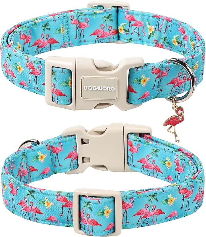 DOGWONG Spring Summer Dog Collar-Cute Flamingo Dog Collar, Adjustable Soft Beach Hawaiian Dogs Collars for Large Dogs, L