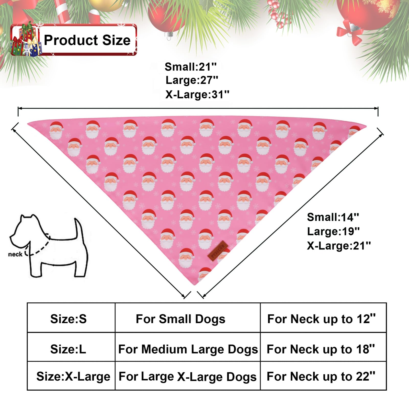 PTDECOR Pink Christmas Dog Bandana, Santa Snowman Pet Scarf, X-Large