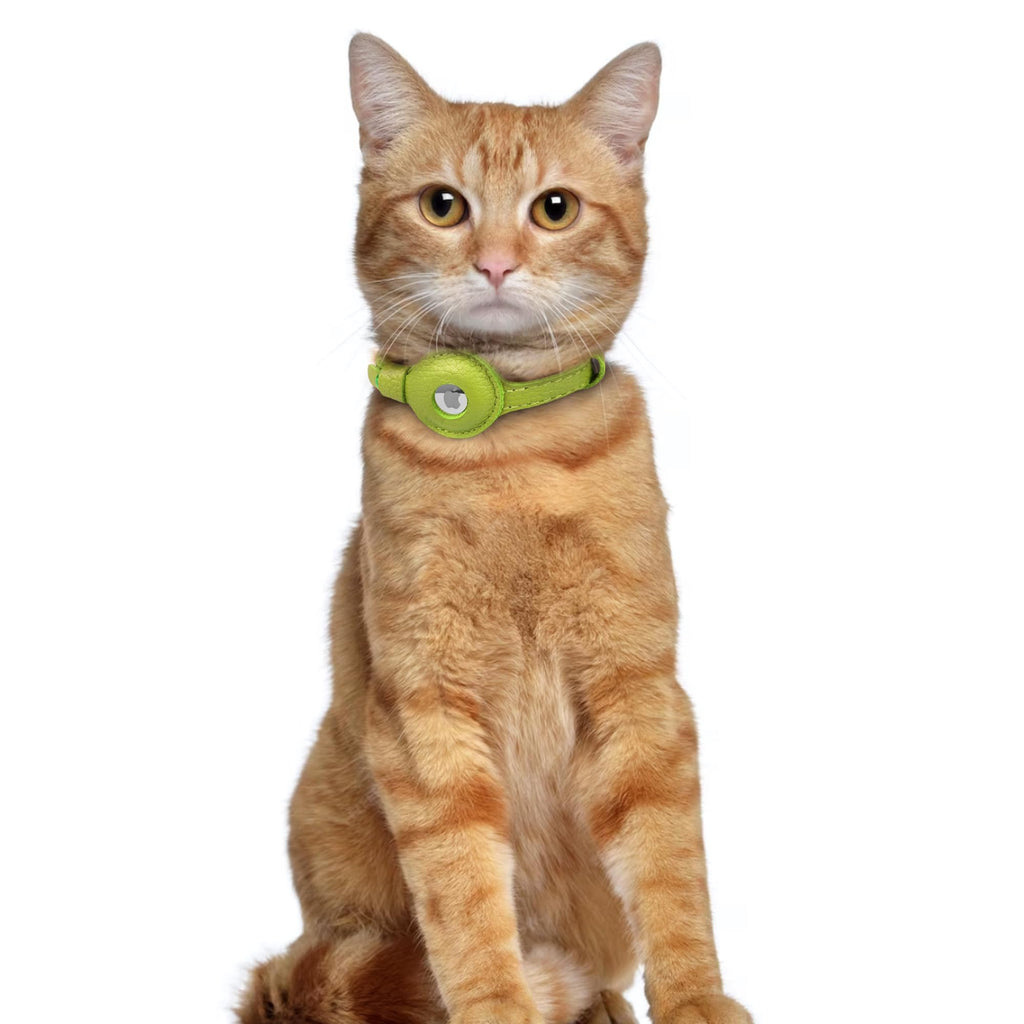 OOPSDOGGY Leather AirTag Cat Collar with Bell - Non Breakaway Kitten Collar with Apple Air Tag Holder - Lightweight GPS Pet Collars for Girl Boy Cats, Small Dogs, Puppies (Lime Green)