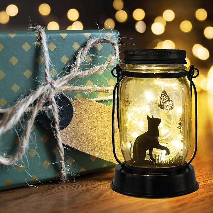 kyoryuger Cat Gifts for Women/Mom/Grandma/Sister, Cats Butterfly Solar Lights Outdoor Hanging Cat Lanterns Fairy Lights, Kitty Lamps Decor for Yard Lawn Garden Patio