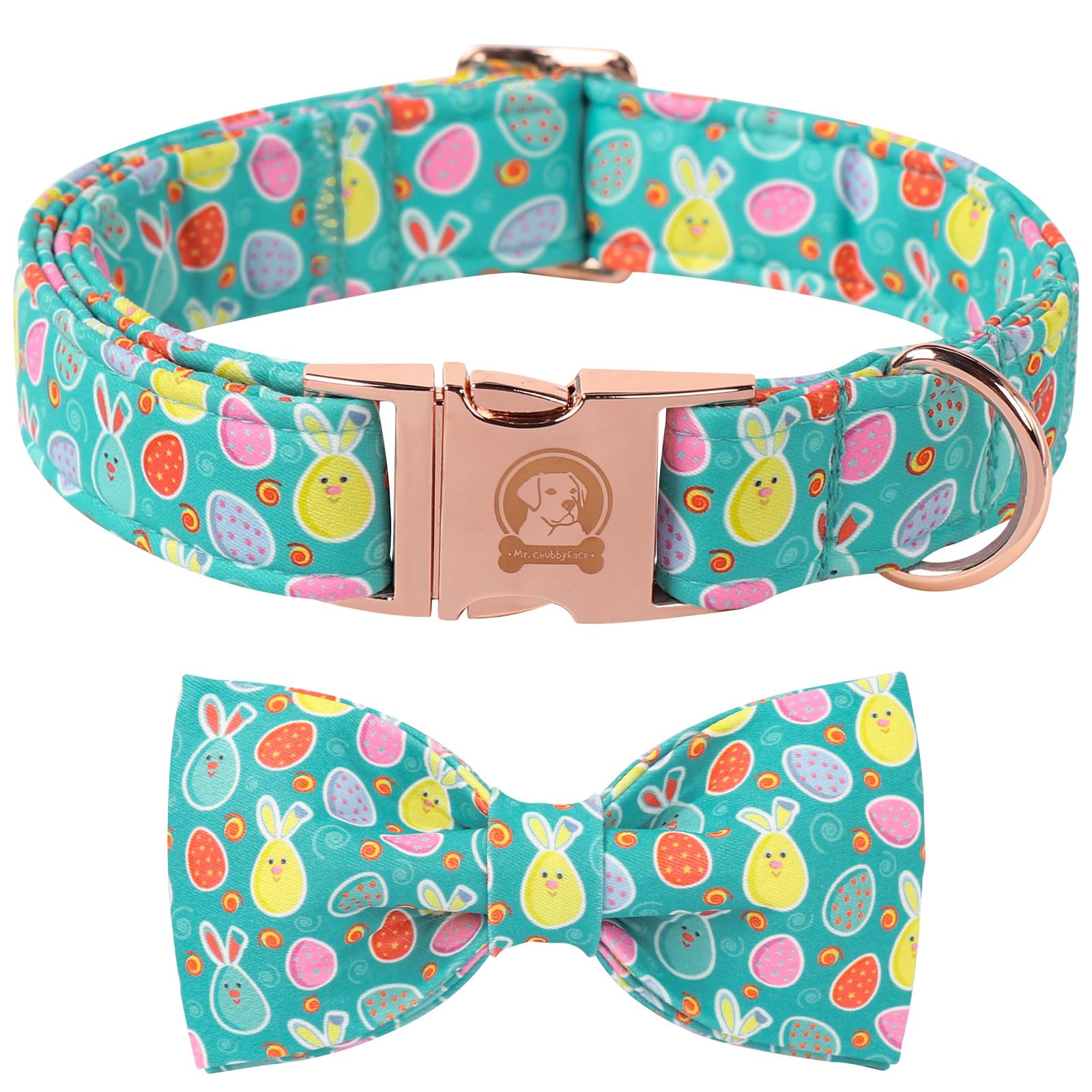 ·MR. CHUBBYFACE· Easter Dog Collar with Bowtie, Eater Bunny Eggs Dog Collars, Soft Durable Adjustable Easter Puppy Pet Collar for Small Medium Large Dog Collar