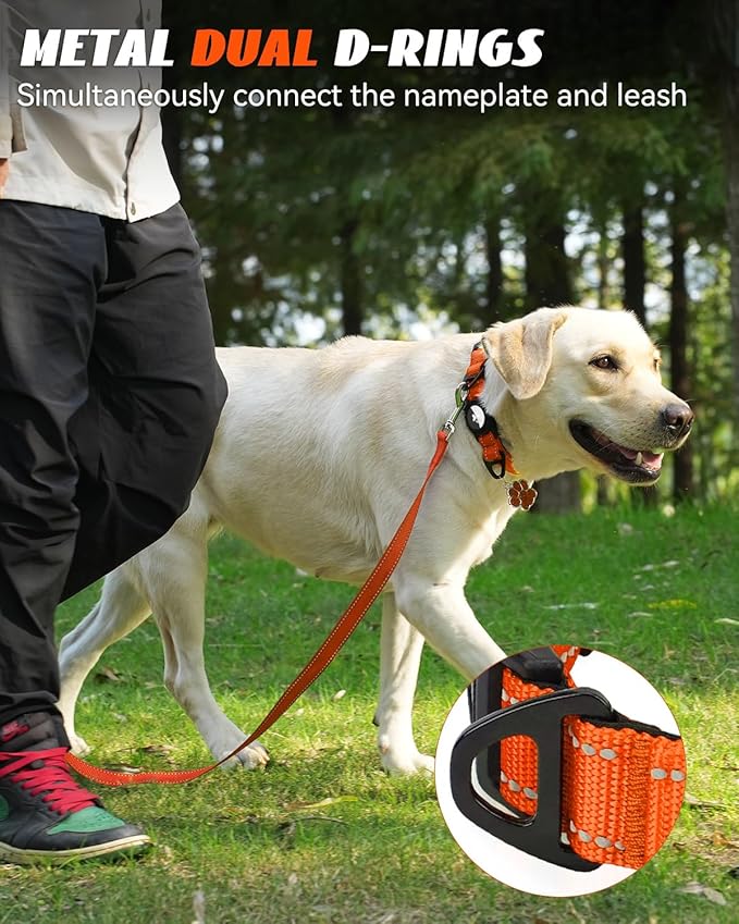 Joytale Airtag Dog Collar, Reflective Pet Collar with Waterproof AirTag Holder, Dual D-Rings, Soft Padded Adjustable for Large Dogs, Orange, L
