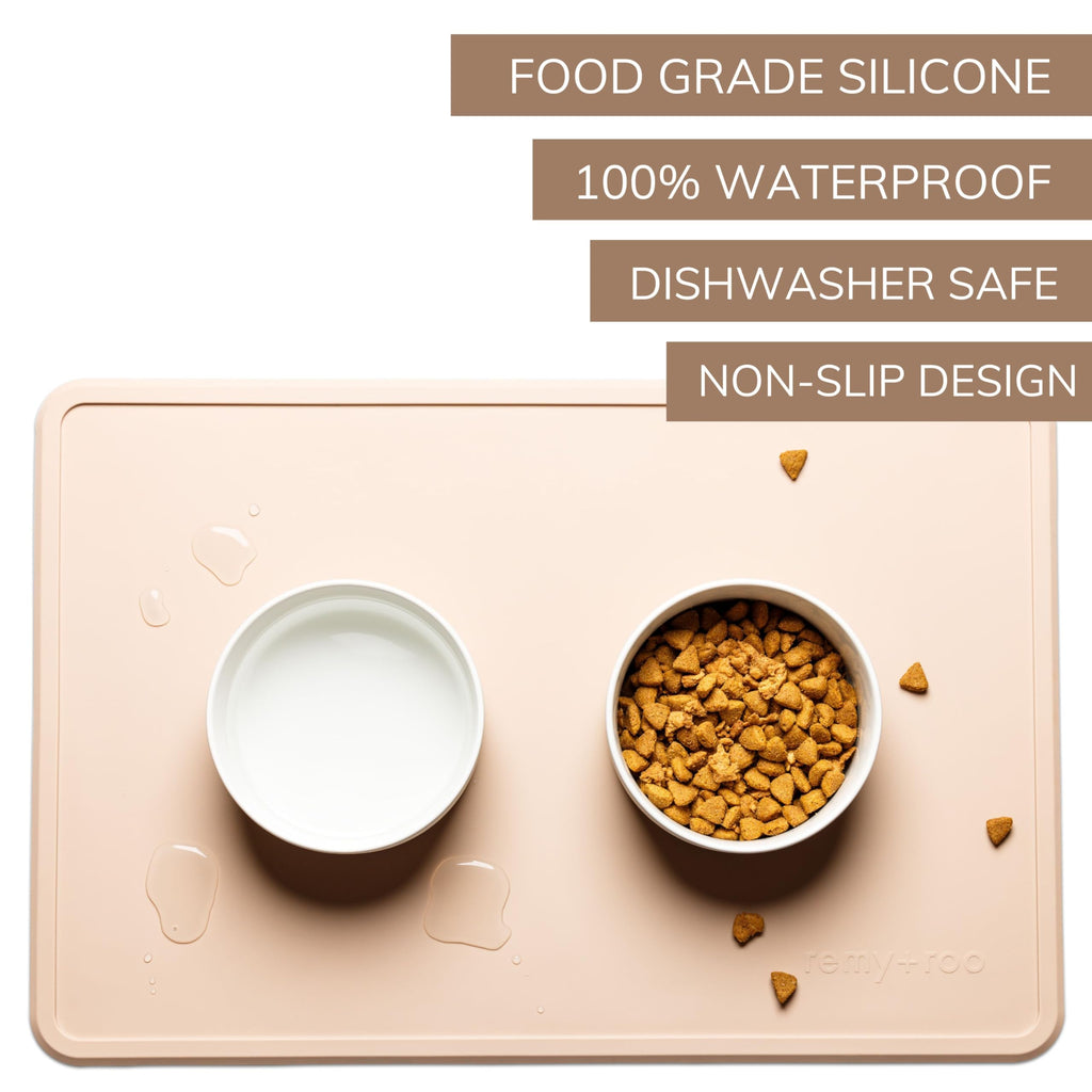 Remy+Roo Sand Silicone Dog Food Mat for Pet Bowl | 23.6" x 15.7" | 100% Waterproof | Non-Slip | Dishwasher Safe