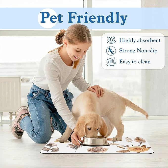 Floral Palm Leaves Dog Cat Food Mat–Christmas Stocking Absorbent Waterproof Placemat for Food and Water Bowls, Non Slip Rubber Backing, Feeding Mat for Clean Floors 16"x24"