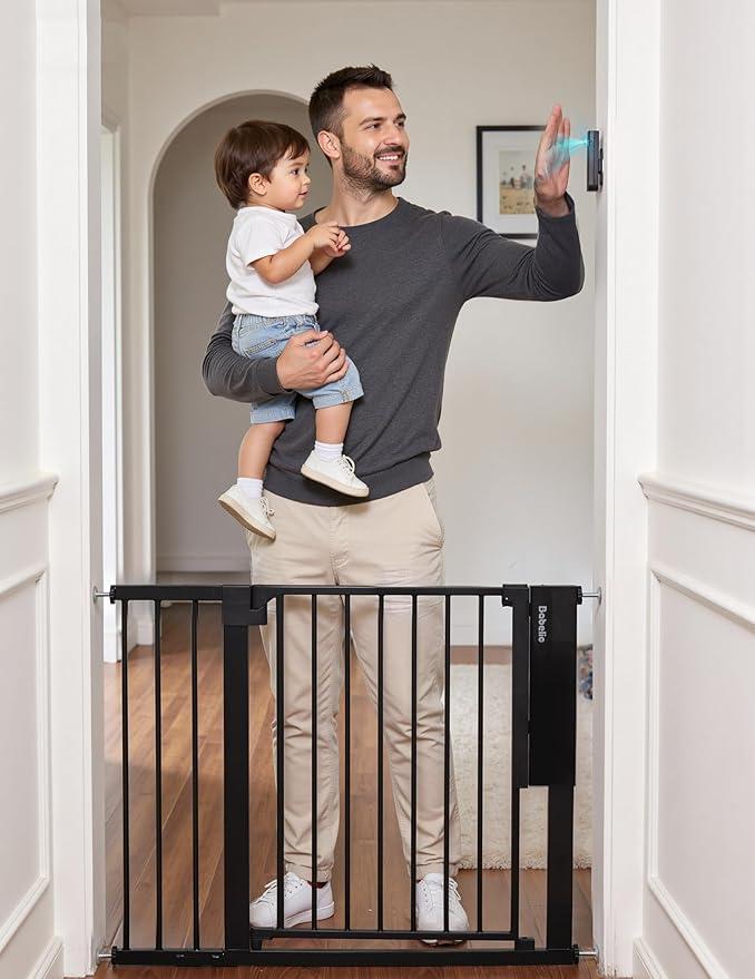 Babelio Smart Baby Gate with Auto-Unlock/Close, Pressure Mounted No Drill for Doorways/Top of Stairs. Pet/Dog Door Wide Walk Thru w/Infrared Sensor & Instant Safety Alert (Black, 30" H)