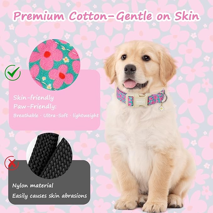 Cotton Floral Dog Collar,Green Dog Collar with Pink Flower, Adjustable Puppy Dog Collars for Small Medium Large, Cute Girl or Boy Dog Collar Ideal for Gifts,Pet Accessory,XS