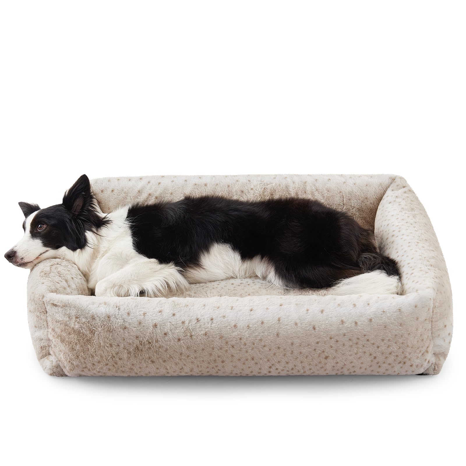 JOEJOY Dog Bed Medium Size Dog, Removable Washable Cover Orthopedic Soft Pet Bed, Anti-Slip Fluffy Plush Faux Rabbit Fur Puppy Bed, 30"x24"x8", Leopard Print, Beige