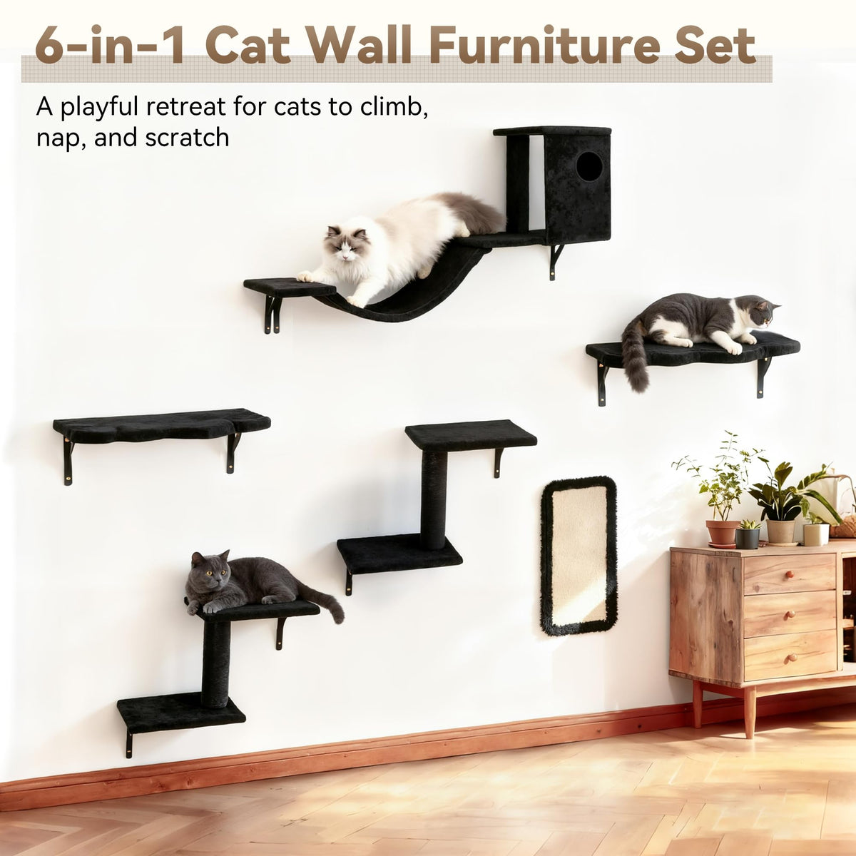 6‑in‑1 Cat Wall Shelves, Wall Mounted Cat Furniture Set with Scratching Posts, Cat Bed & Bridge, Space Saving Cat Climbing Perch for Kittens & Cats Up to 22 Lbs, Black