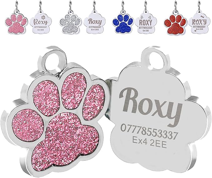 EDSG Cat Dog Tags Personalized for Pets, Dog Name Tags Cat Name ID Tag, Engraved Dog Tags Dog ID Tags Small Glitter Bling ID Tag Paw Print for Cat Pet Dog Puppy(Blue