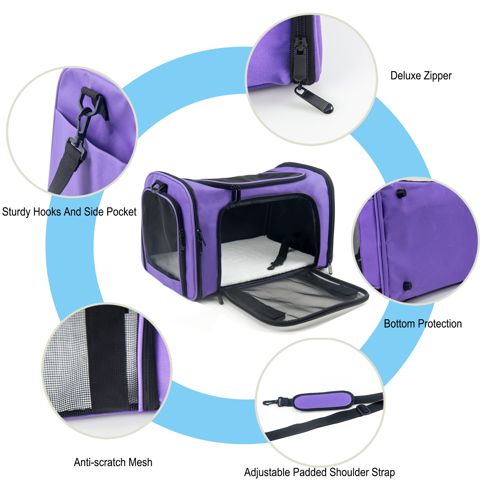 NextFri Soft Sided Carrier for Small Medium Cats Dogs,TSA Airline Approved Collapsible Travel Pet Carrier Medium Purple