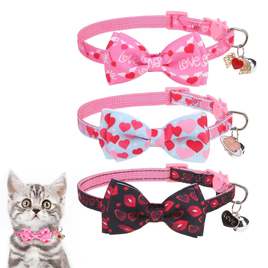 KOOLTAIL Pink Cute Cat Collars Breakaway with Bowtie and Bells, 3 Pack Girl Kitten Collars, Adjustable Safety Buckle Heart Charm Pendant Pet Collars for Kitty Boys Girls Cats Holiday