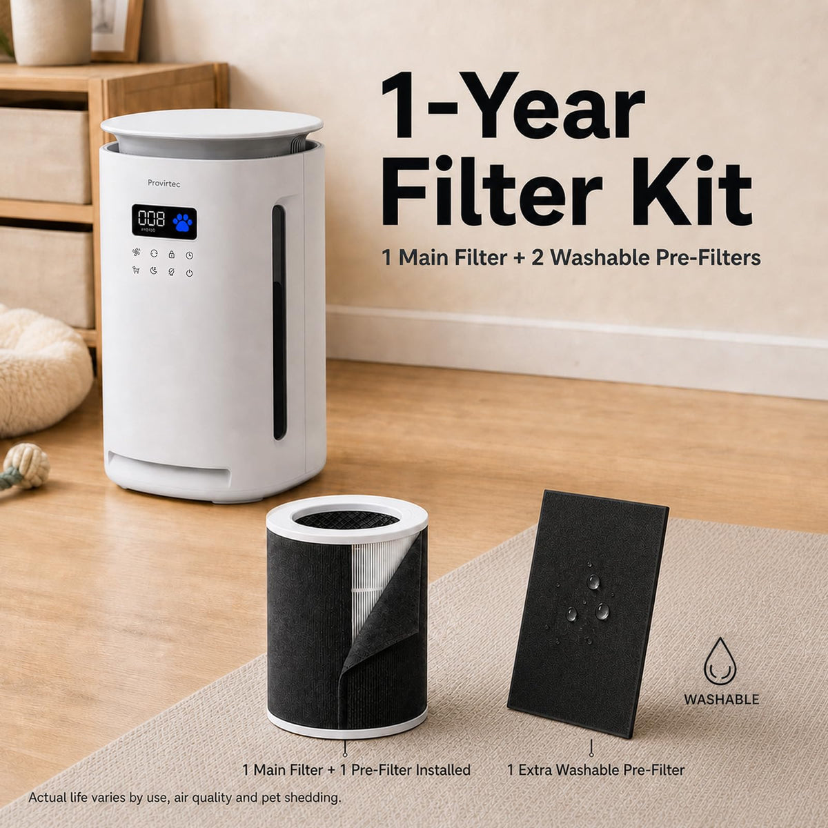 Provirtec Pet Air Purifier for Home with 2 Washable Pre-Filters, H13 HEPA