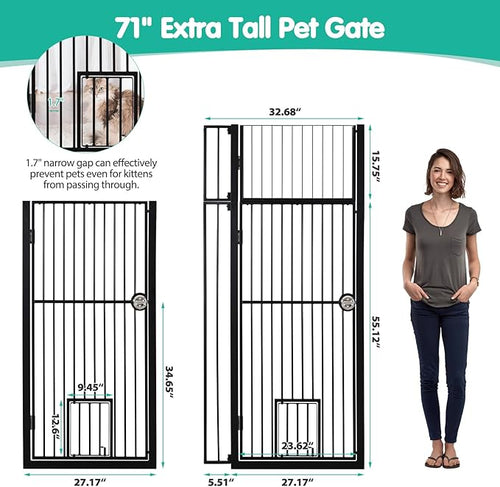 71 Inch Extra Tall Pet Gate with Cat Door, 30-37.5 Inch Adjustable Wide, Pressure Mounted Auto-Close Safety Pet Gate Walk Through Safety Cat Gate