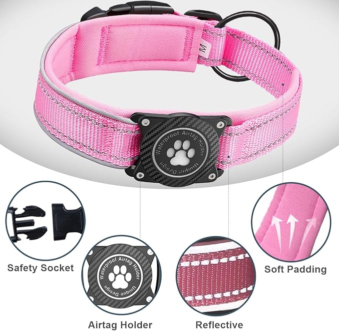 OKVSKO Airtag Dog Collar with Waterproof Air Tag Holder, Luminous Reflective, Soft Padded, Adjustable Nylon Pet Collar for Small Medium Large Heavy Duty Dogs,Pink, M