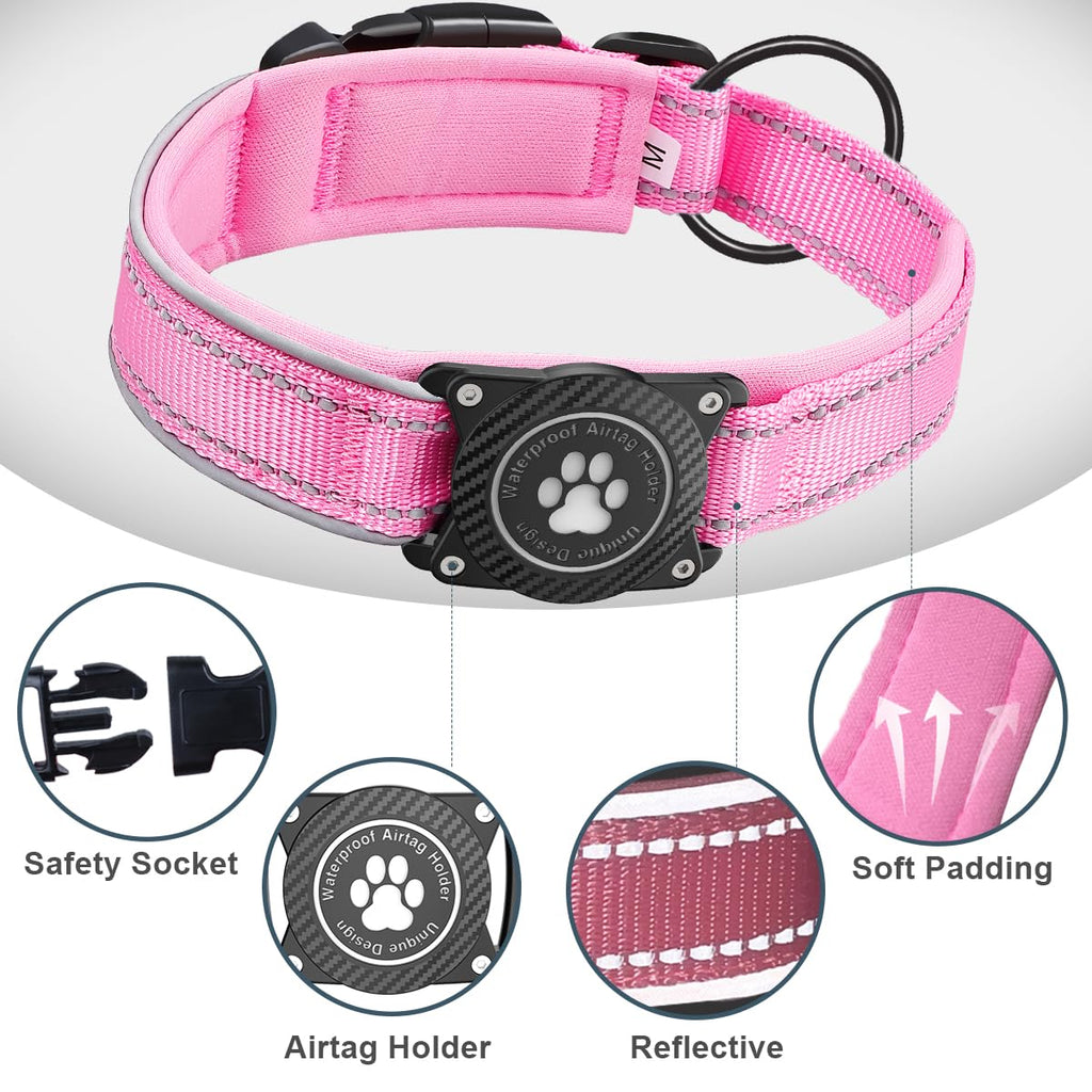 OKVSKO Airtag Dog Collar with Waterproof Air Tag Holder, Luminous Reflective, Soft Padded, Adjustable Nylon Pet Collar for Small Medium Large Heavy Duty Dogs,Pink, S