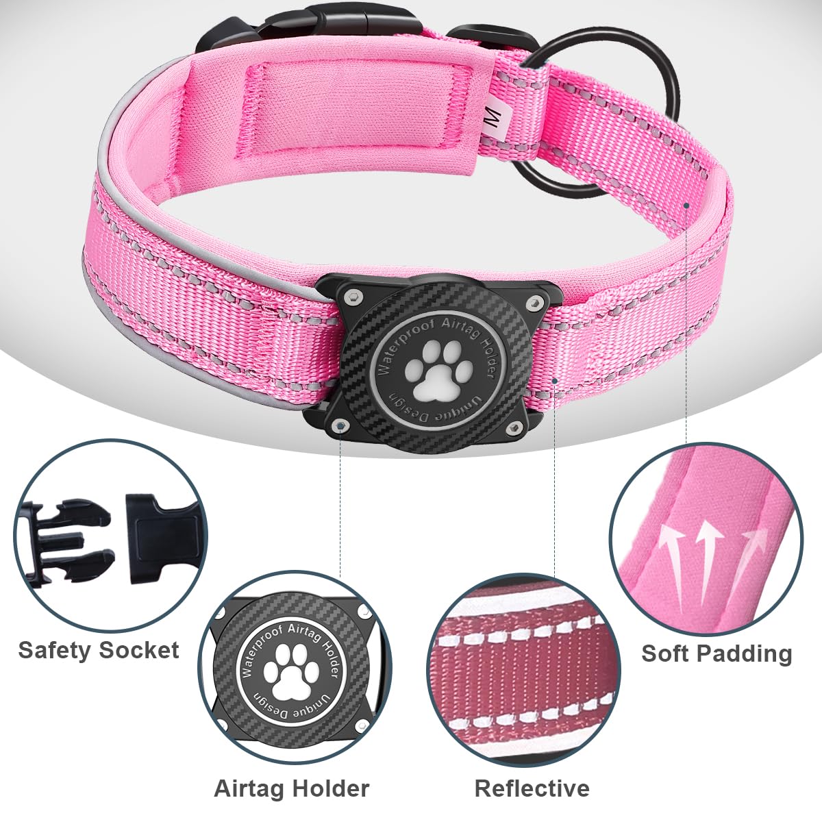 OKVSKO Airtag Dog Collar with Waterproof Air Tag Holder, Luminous Reflective, Soft Padded, Adjustable Nylon Pet Collar for Small Medium Large Heavy Duty Dogs,Pink, S