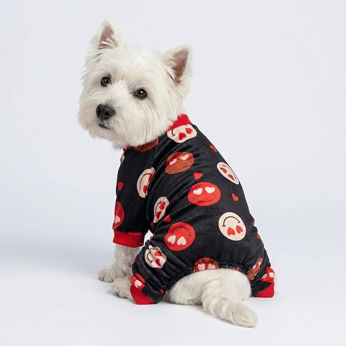 Fitwarm Hearts Eyes Smily Face Dog Pajamas, Cozy Valentines Outfit for Small Dogs Boy Girl, Festive Pet Clothes, Black, Red, Small