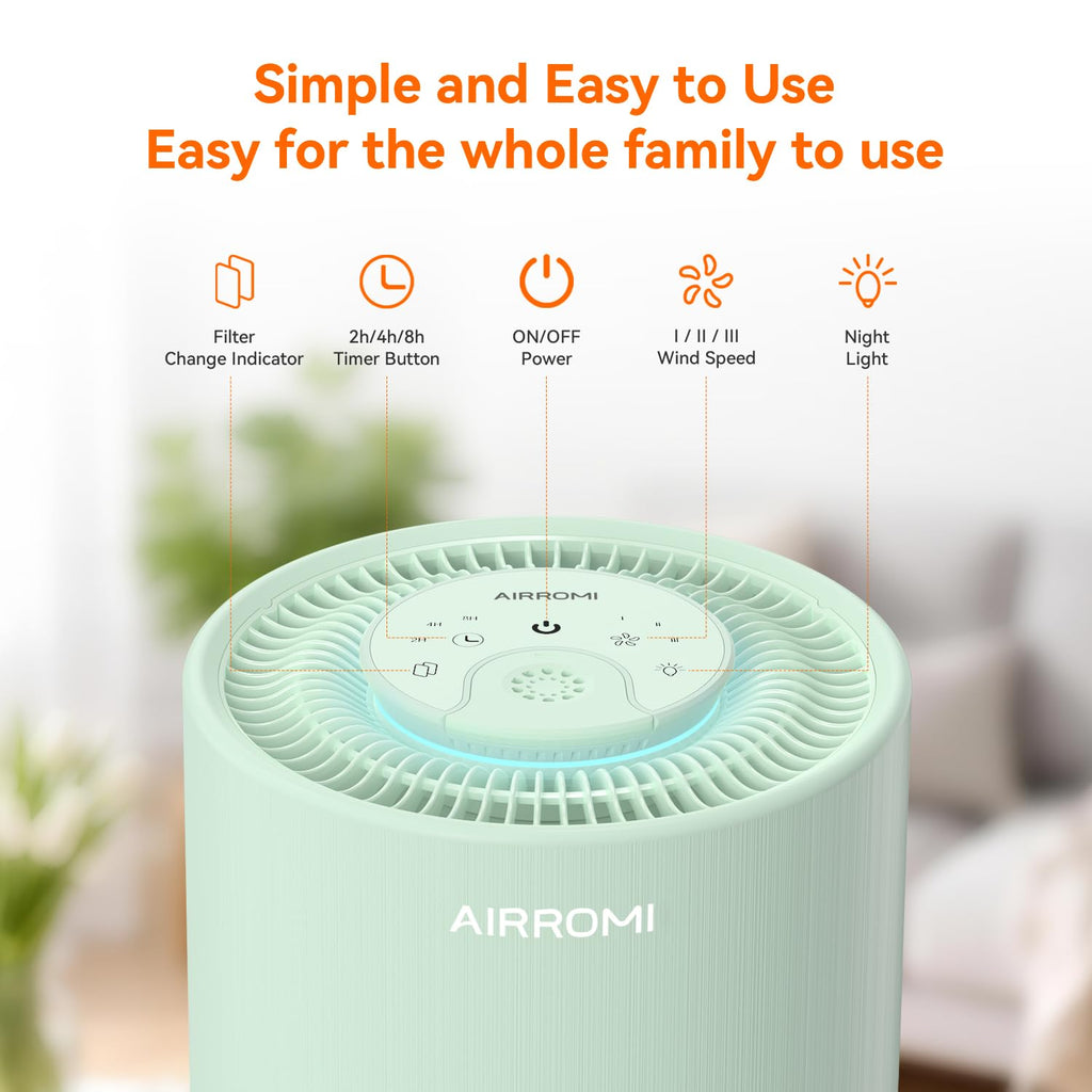 AIRROMI Air Purifier for Bedroom with HEPA 3-in-1 Filter, Pet Air Purifier for Home Cat Pee Smell, Covers Upto 990 Ft², Quiet 360°intake Air Cleaner for pet hair,allergies,Dust,Smoke A2001 Green