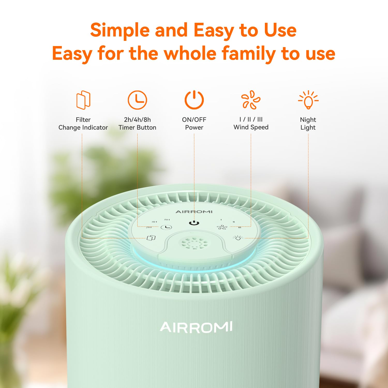 AIRROMI Air Purifier for Bedroom with HEPA 3-in-1 Filter, Pet Air Purifier for Home Cat Pee Smell, Covers Upto 990 Ft², Quiet 360°intake Air Cleaner for pet hair,allergies,Dust,Smoke A2001 Green