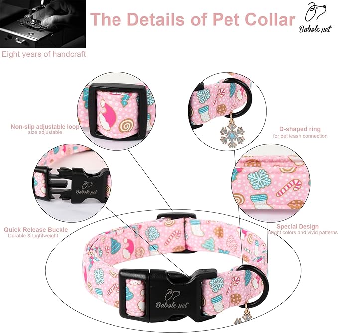 Babole Pet Christmas Dog Collar for Small Dogs - Cute Snowflake Print Pink Christmas Collars for Dogs, Soft Adjustable Winter Holiday Dog Collars with Quick Release Buckle S