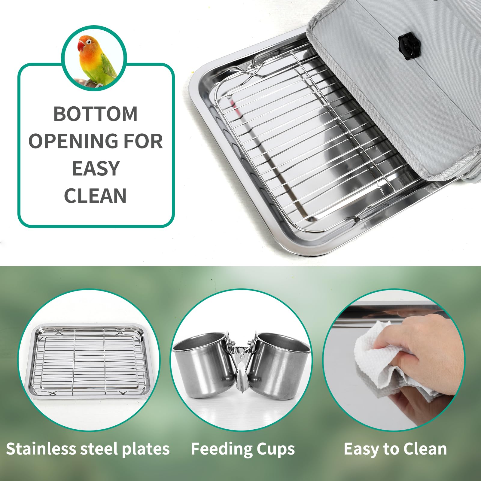 GREGCE Bird Carrier Bag, Bird Travel Cage with Standing Perch and Indestructible Stainless Steel Mesh, Protable Transparent Breathable Carrier with Feeder Cups for Small Birds Parrot Parakeet, Grey