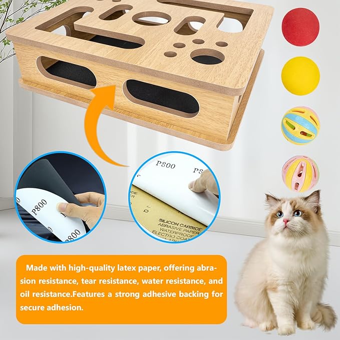 MUCAOL Cat Scratch Puzzle Enrichment Box,Clawcraft Wooden Cat Scratcher,No Assembly Required,Built-in Sandpaper Trims Your pet's Claws as They Play(Burlywood Color)