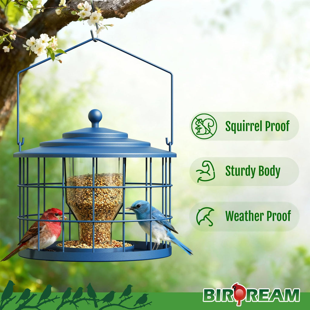 Birdream Squirrel Proof Bird Feeder, Metal Cage Bird Feeder for Outdoors Hanging, Starling Resistant Design for Small Birds, Weatherproof with Drain Holes, Easy to Refill, Blue