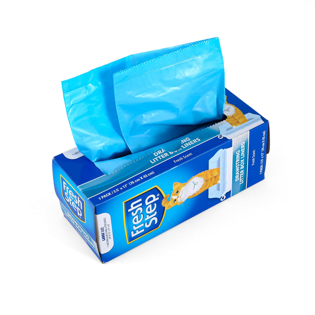 Fresh Step Drawstring Cat Litter Box Liners, Scented Heavy Duty Kitty Litter Bags for Large Oval or Rectangle Pans, Helps Contain Odor and Mess, Easy Lift Out Cleanup, 2.5 ft x 17 in, 7 Count