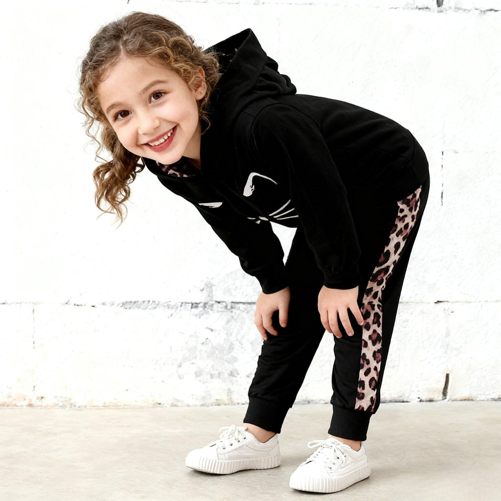 Axumity Kid Toddler Girl Clothes Long Sleeve Leopard Hooded Sweatshirt Top + Colorblock Pants 2PCS Cat Winter Outfit Set(Pink,7-8T)