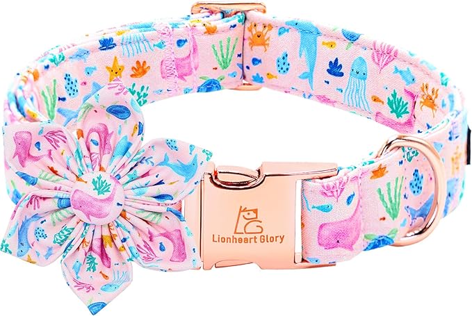 Lionheart glory Dog Collar Flower Collar Pink Dog Collars with Flower Summer Cute Sea Animals Print Collar Dog Female Soft Durable Adjustable Dog Collars for Large Dogs