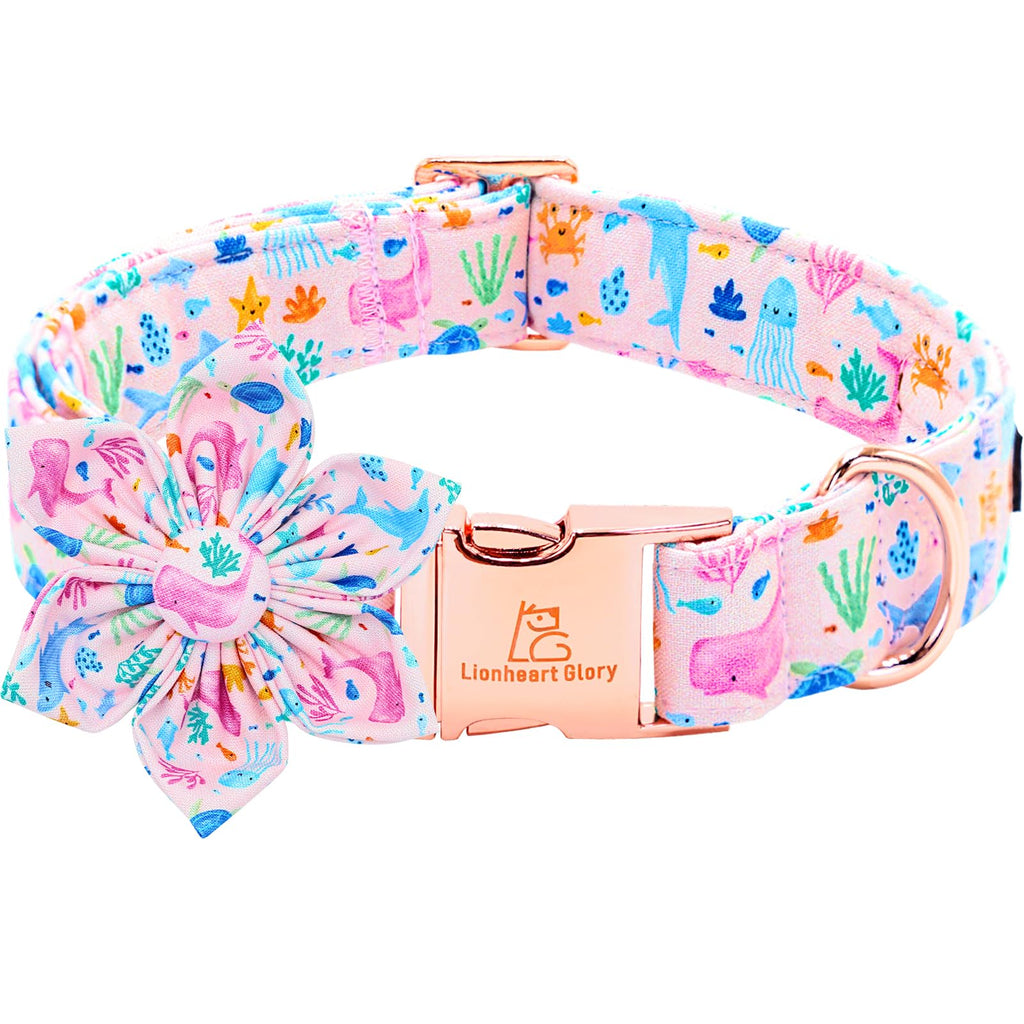 Lionheart glory Dog Collar Flower Collar Pink Dog Collars with Flower Summer Cute Sea Animals Print Collar Dog Female Soft Durable Adjustable Dog Collars for Small Dogs
