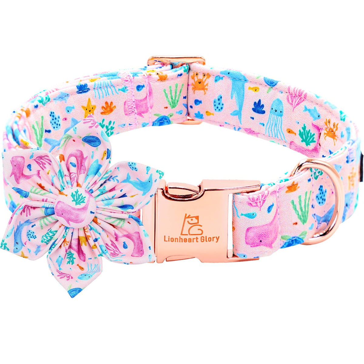 Lionheart glory Dog Collar Flower Collar Pink Dog Collars with Flower Summer Cute Sea Animals Print Collar Dog Female Soft Durable Adjustable Dog Collars for Small Dogs