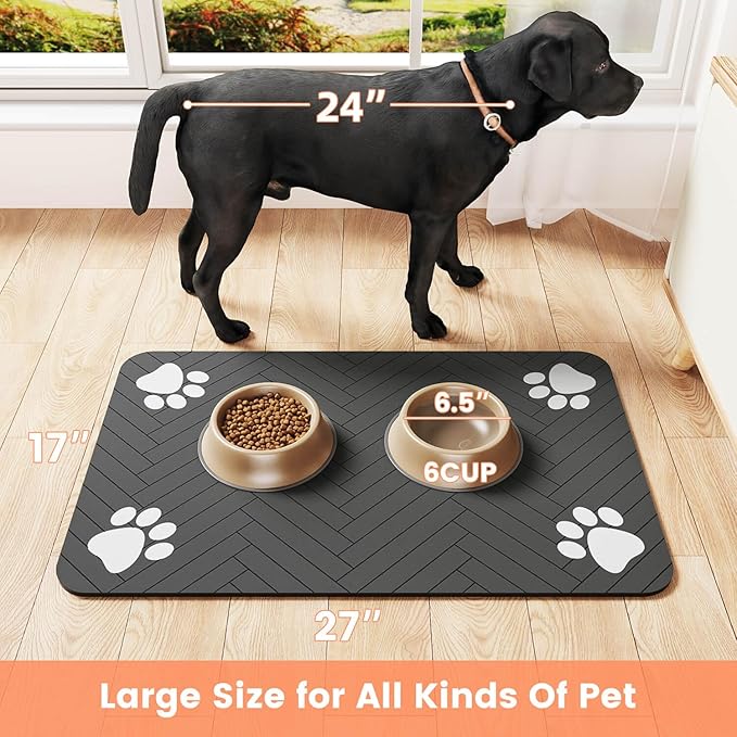 Pet Feeding Mat-Absorbent Pet Placemat for Food and Water Bowl, with Waterproof Rubber Backing, Quick Dry Water Dispenser Mat for Dog and Cat (24"x16", Black)