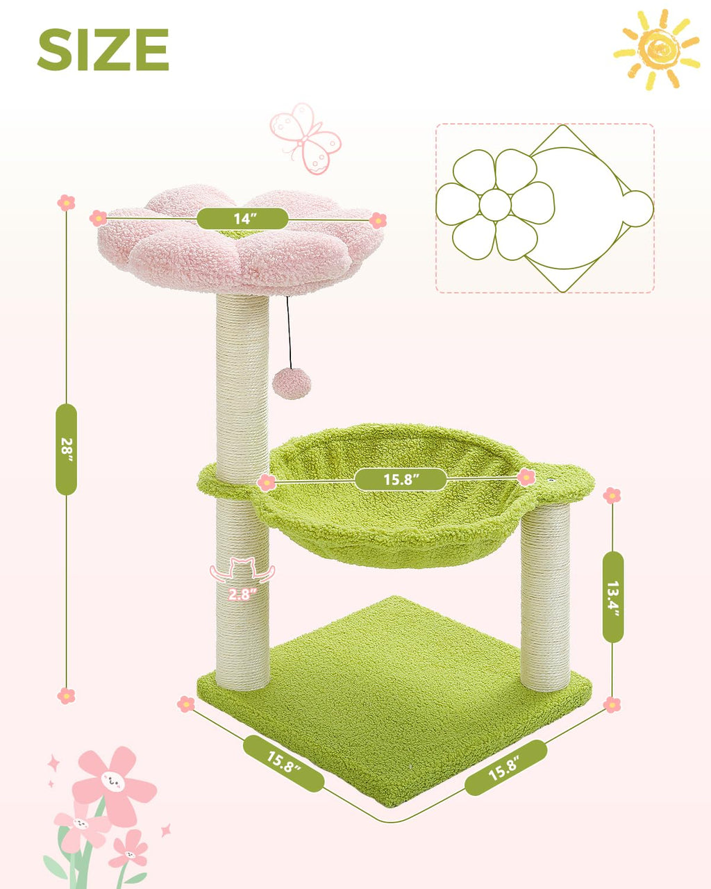 MUTTROS Flower Cat Tree, 28" Cat Tower with Cozy Flower Perch, Large Hammock for Indoor Small Cats, Cute Cat Tree with Sisal Scratching Post and Fur Toy Ball for Kittens, Pink