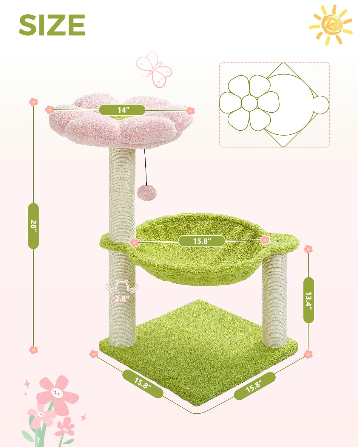 MUTTROS Flower Cat Tree, 28" Cat Tower with Cozy Flower Perch, Large Hammock for Indoor Small Cats, Cute Cat Tree with Sisal Scratching Post and Fur Toy Ball for Kittens, Pink