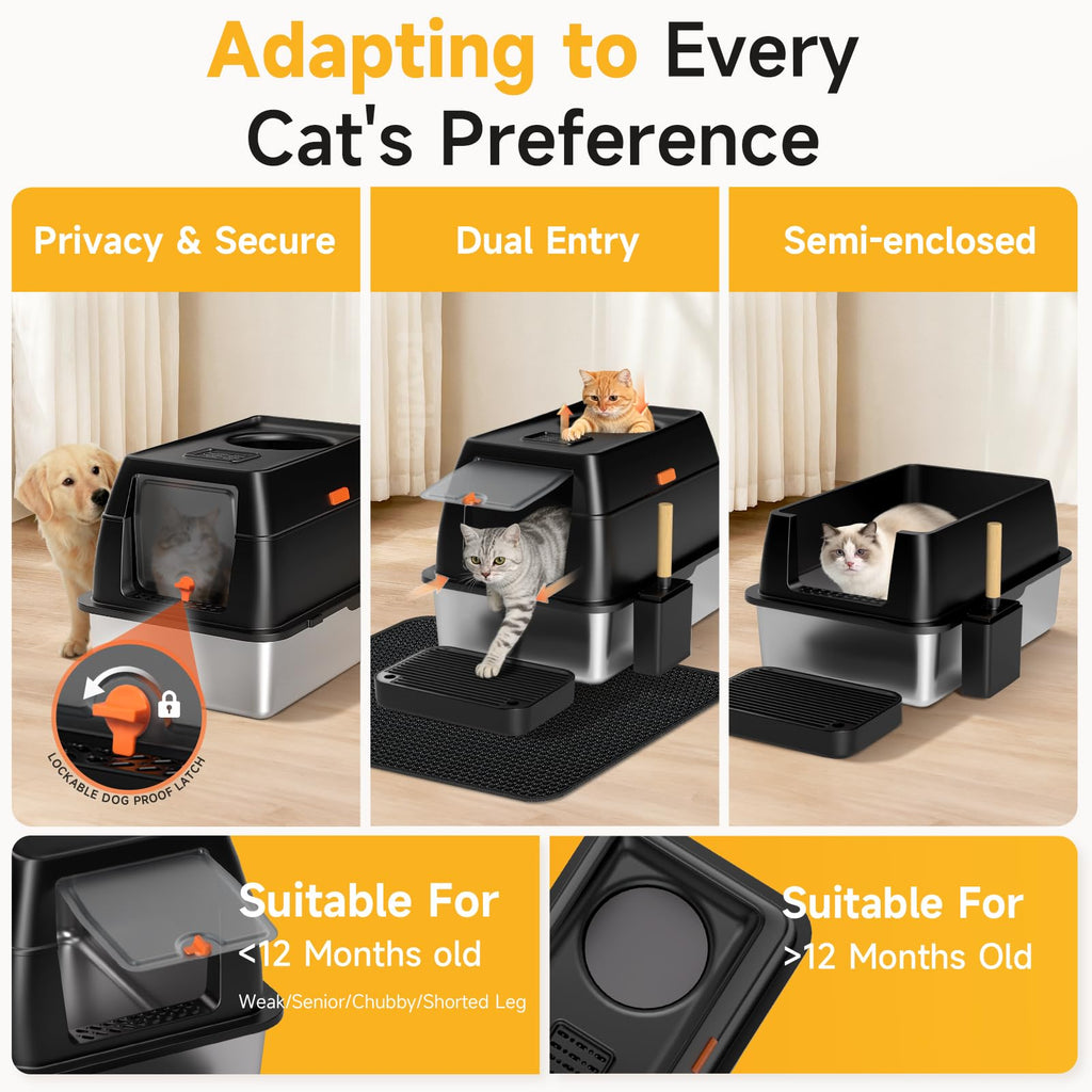 Tevila XL Enclosed Stainless Steel Litter Box with Lid,Black