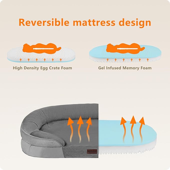 Dwanton Orthopedic Dog Bed for Extra Large Dogs with Gel Memory Foam, Waterproof Dog Sofa, Washable Pet Bed with Four Sided Bolster Cushion, Removable Cover & Non-Slip Bottom, 45", Medium Gray